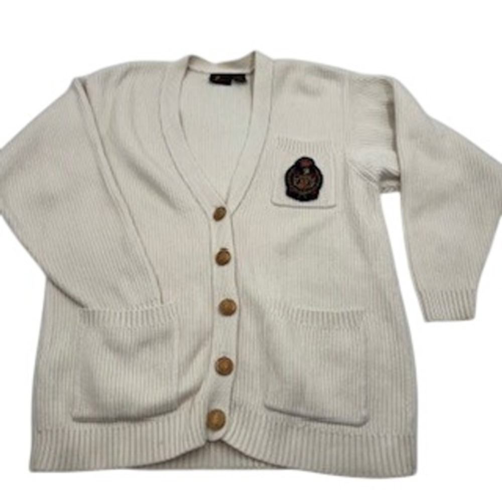 1990s LizSport Vintage Cream Ribbed Cotton Cardigan Crest Patch Buttons Medium